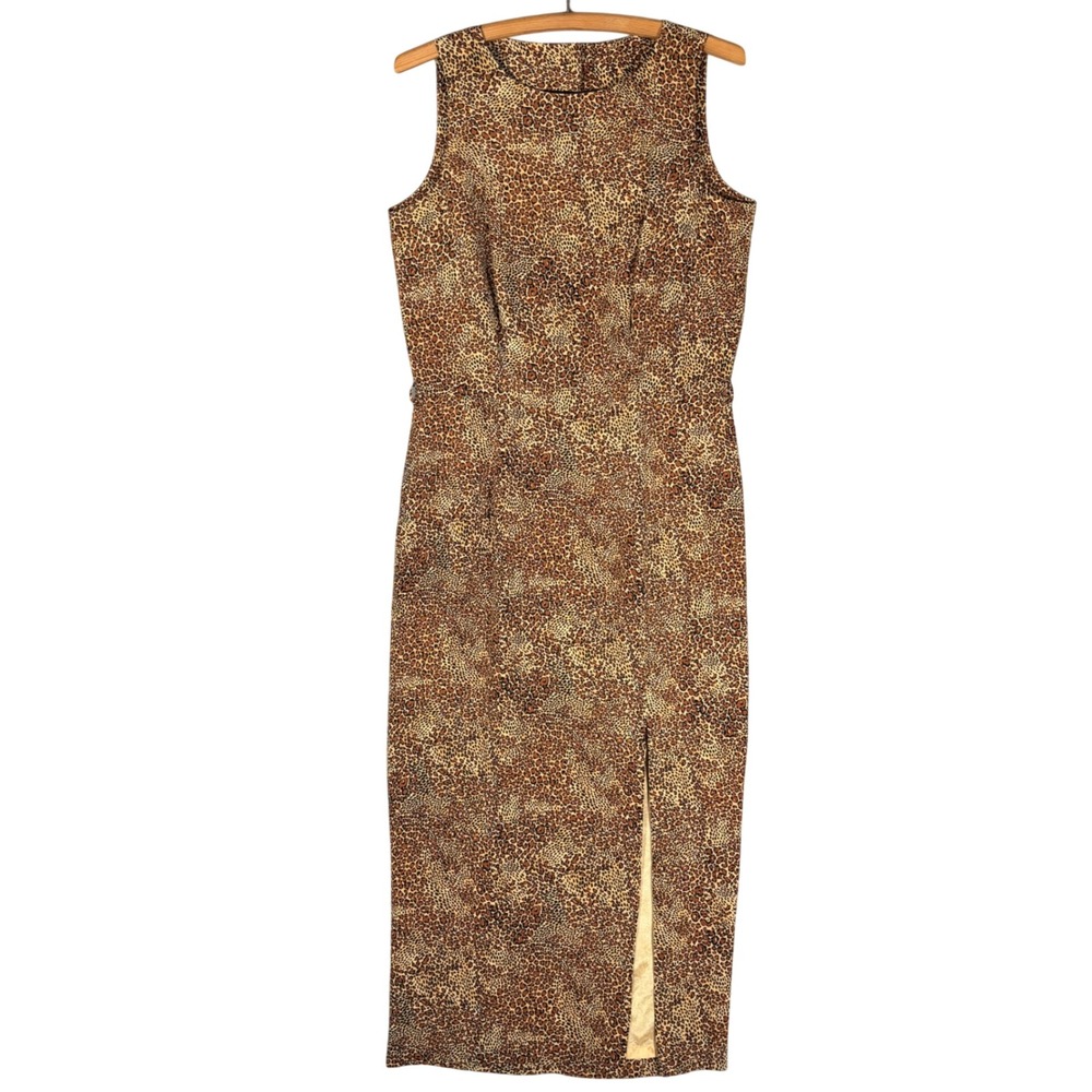 Spenser Jeremy Vintage 90s 100% Silk Leopard Print Maxi Dress Front Slit Size 10